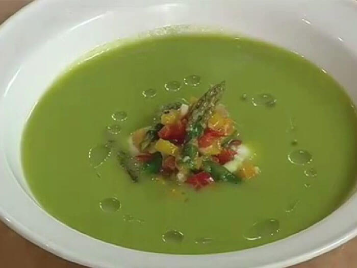 Asparagus Soup with a Confit of Peppers & Asparagus Tips