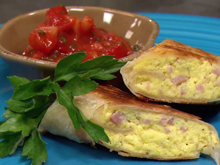 Breakfast Burritos with Ham, Eggs & Parmesan Crust