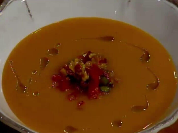 Butternut Squash Soup with Confit of Peppers, Asparagus & Spicy Sausage