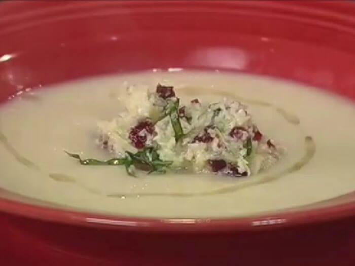 Cauliflower & Parmesan Soup with Cured-Olive Crostini