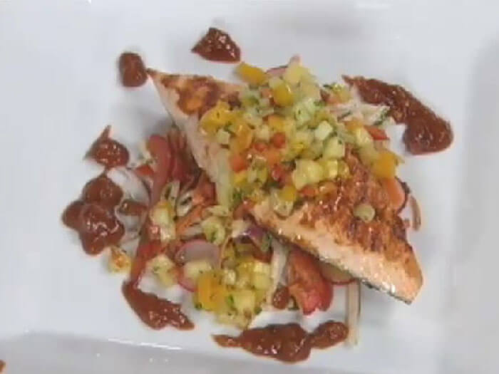 Grilled Arctic Char with Chipotle Barbecue Sauce, Jicama Salad and Mango-Pineapple Salsa