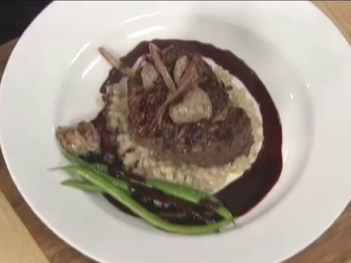 Grilled Fillet of Beef with Farro, Haricots Verts, Italian Sausage and Red Wine Sauce