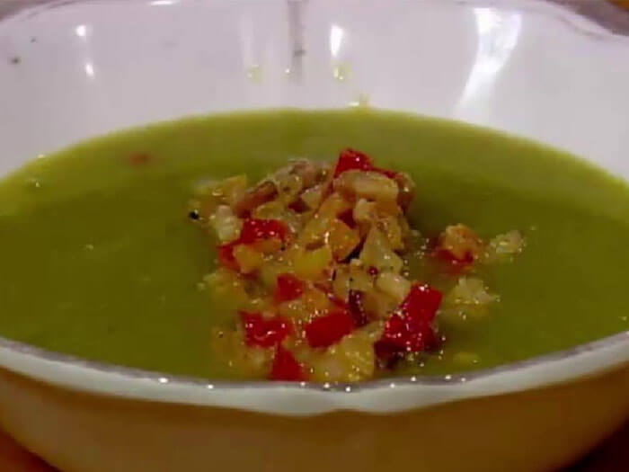 Pea Soup with Confit of Peppers & Shrimp