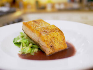 Salmon with Brussel Sprouts and Red Wine Sauce