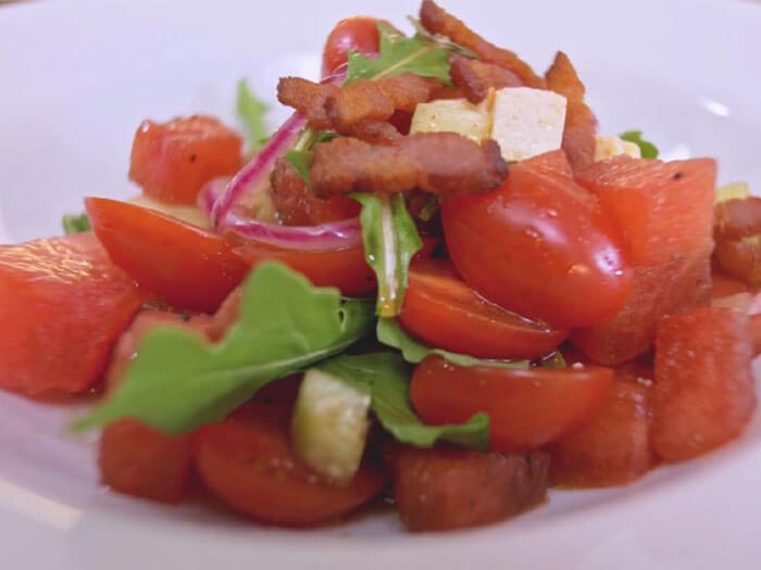 Watermelon Salad with Tomato and Bacon