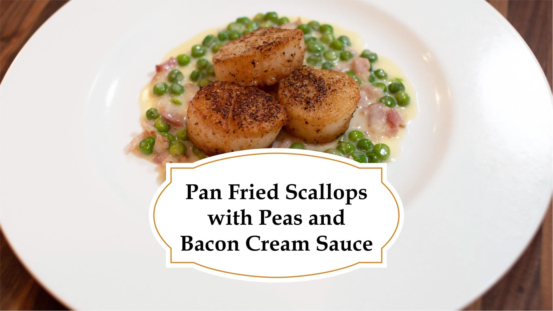 Pan fried scallops with peas and bacon cream sauce